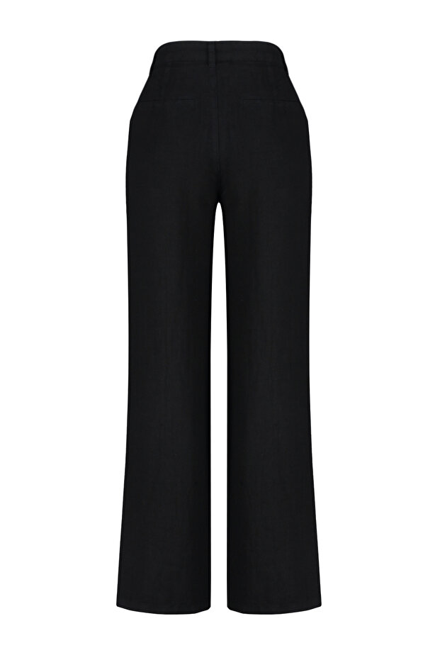 Siyah  %100 Keten Pileli Yüksek Bel Wide Leg Pantolon TWOSS26PL00050 - 6