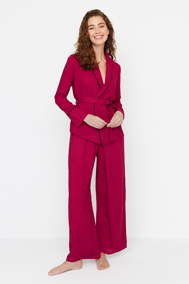 Bordo Kuşaklı Biye Detaylı Kruvaze Viskon Dokuma Pijama Takımı THMAW22PT1109 - 6