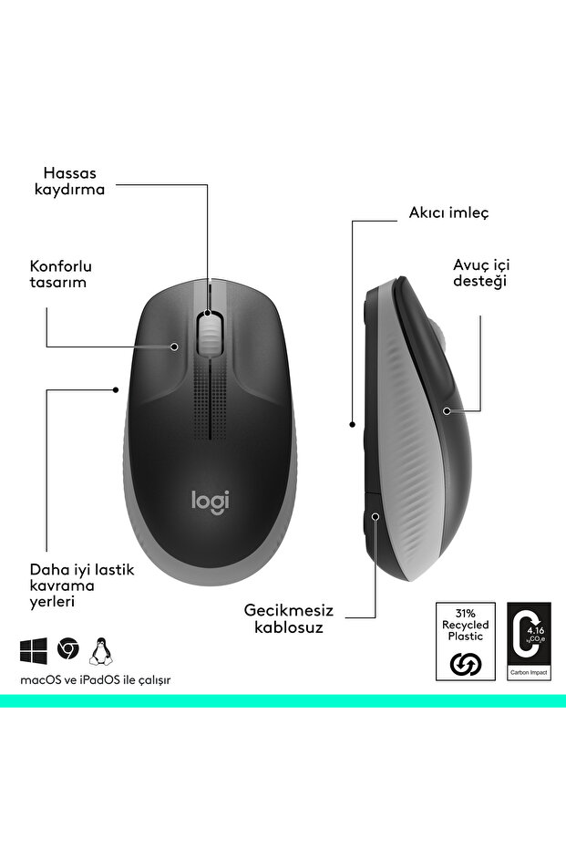 M190 Büyük Boy USB Alıcılı 1000 DPI Kablosuz Mouse, Açık Gri 910-005906 - 7