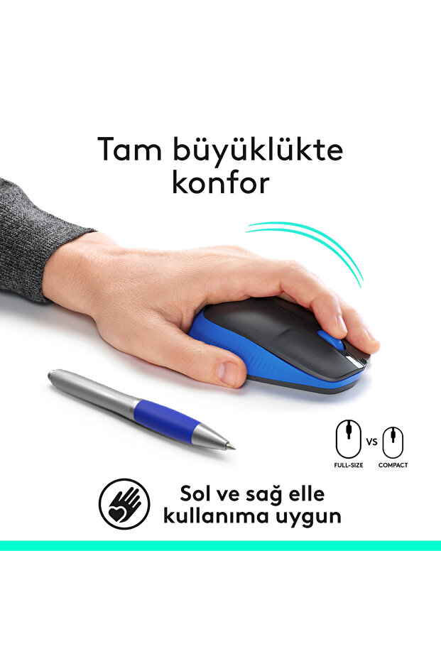 M191 Büyük Boy USB Alıcılı 1000 DPI Kablosuz Mouse, Mavi 910-005909 - 3