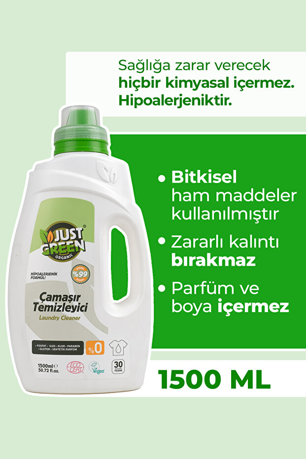 Just Green Organic Bitkisel Çamaşır Deterjanı, %100 Bitkisel, Doğal Ve Güçlü Deterjan, 30 Yıkama,1500 Ml.yerli Üretim