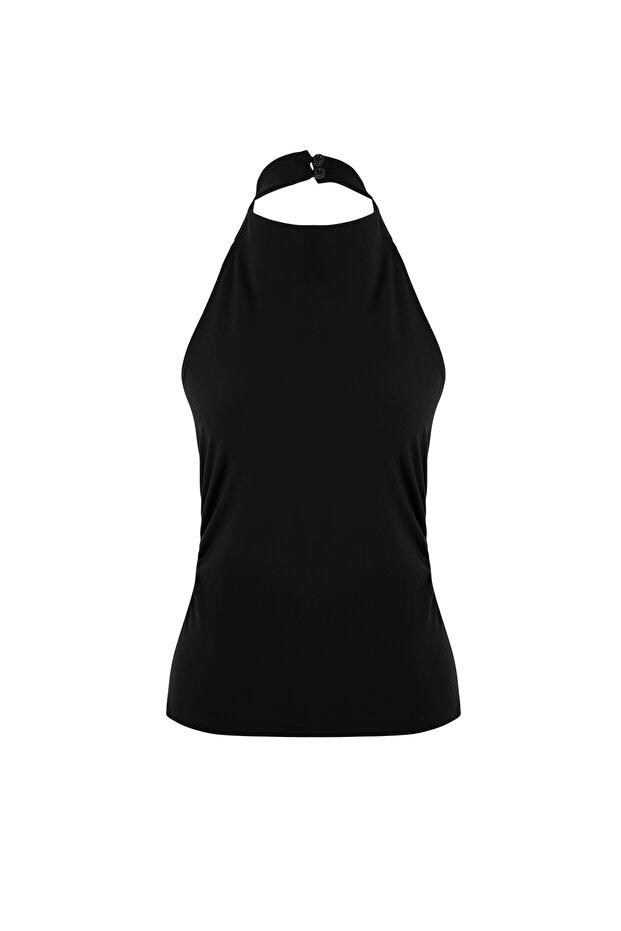 Teen Siyah Fitted/Vücuda Oturan Boyundan Bağlamalı Büzgülü Paper Touch Örme Bluz TWOSS26BZ00274 - 5