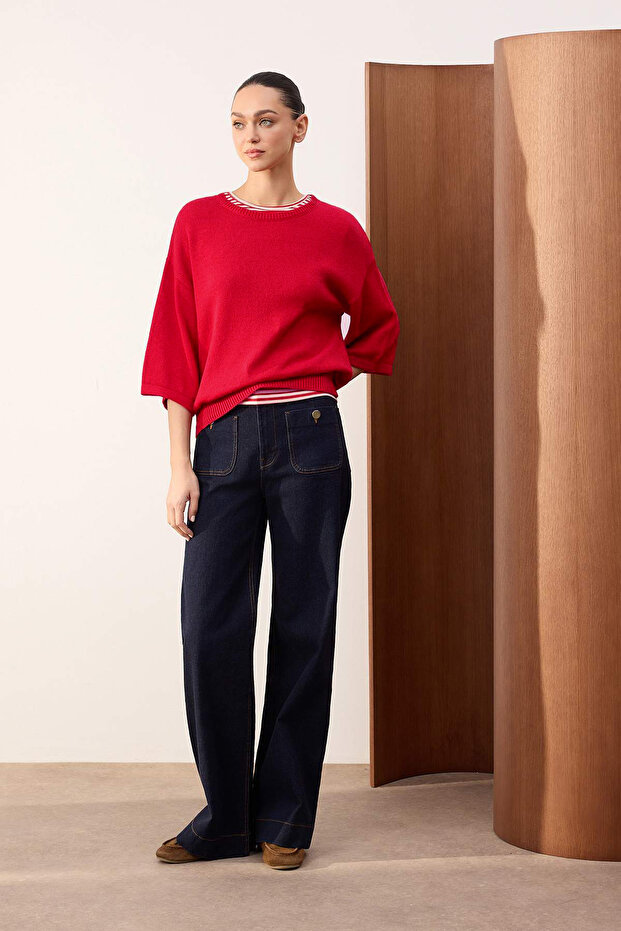 Wardrobe Essentials Kırmızı Bisiklet Yaka Triko Bluz TWOSS26BZ00136 - 5