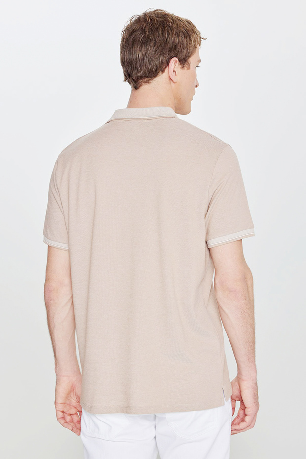Erkek Çekmeyen Pamuklu Kumaş Comfort Fit Rahat Kesim Bej-beyaz Kıvrılmaz Polo Yaka Cepli Tişört - 8