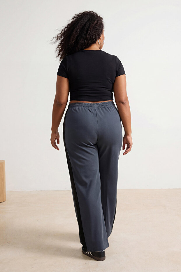 Antrasit Yan Şerit Detaylı Wide Leg/Geniş Paça Rahat Dökümlü Büyük Beden Eşofman Altı TBBSS26AJ00004 - 2