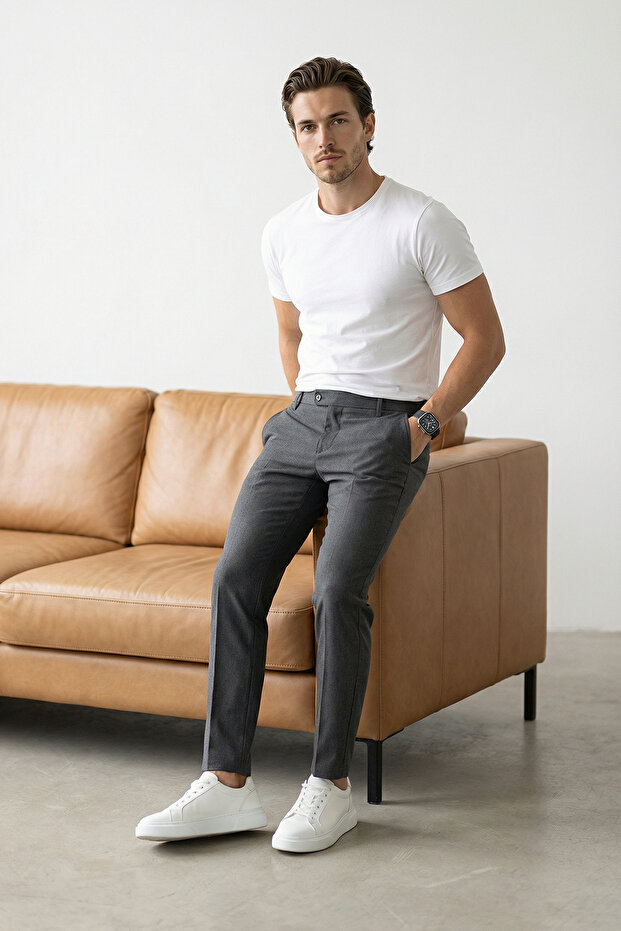 Antrasit Dar Kalıp/Slim Fit Boru Paça Yüksek Bel Yazlık Erkek Dokuma Pantolon TMNSS26PL00022