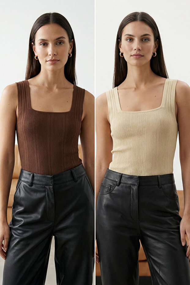 بلوزة رفيعة ذات لون بني حجري أساسي مكونة من قطعتين TWOSS24BZ00623 - 1