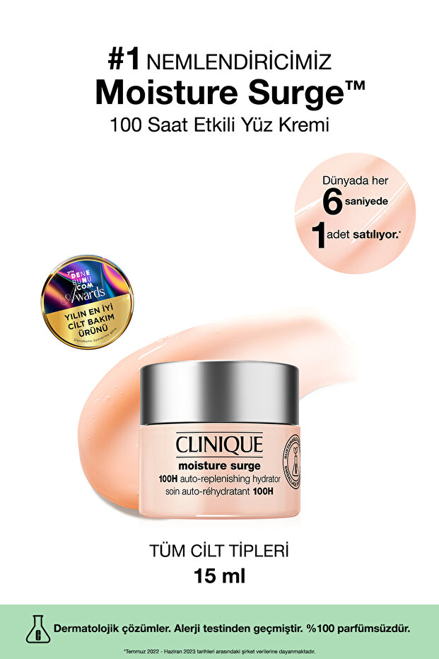 Clinique Moisture Surge™ 100 Saat Etkili Nemlendirici Yüz Kremi 15ml | Aloe Vera Bioferment, Hyalüronik Asit