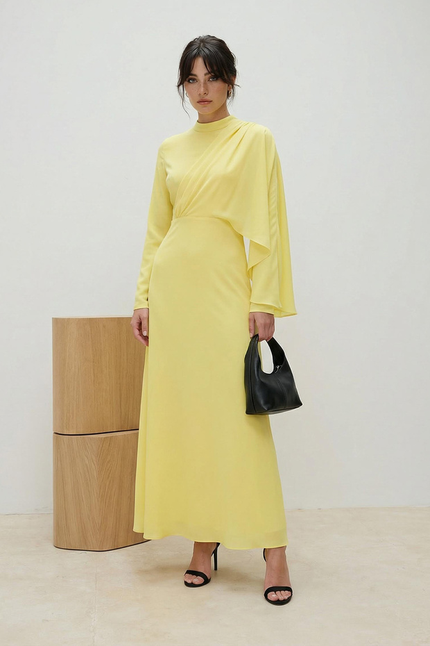 Açık Sarı Drape Detaylı Eteği Belden Açılan Maxi Dokuma Tesettür Abiye TCTSS26DB00002