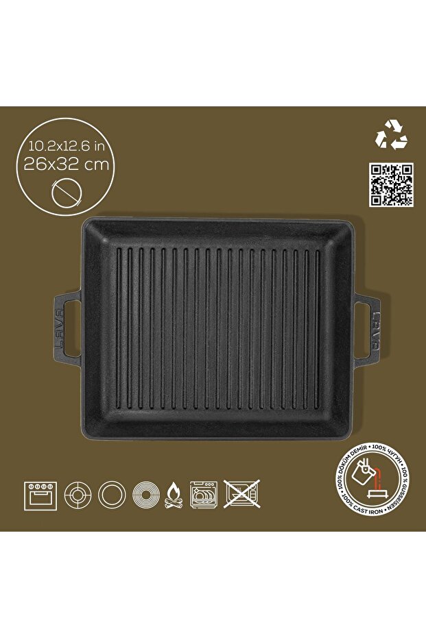 صينية شواء مستطيلة من الحديد الزهر بمقبض مزدوج، أبعاد 26x32 سم. - 4