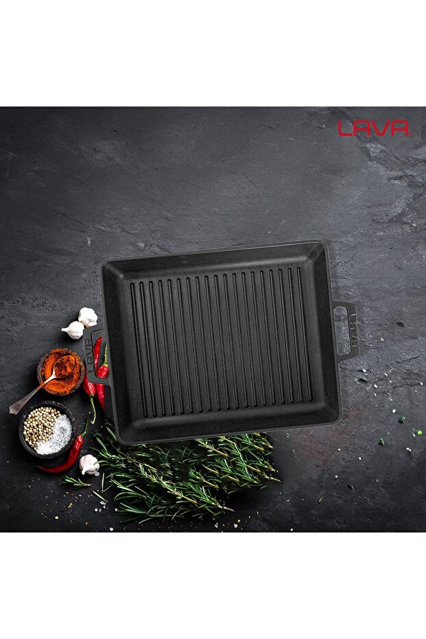 صينية شواء مستطيلة من الحديد الزهر بمقبض مزدوج، أبعاد 26x32 سم. - 7