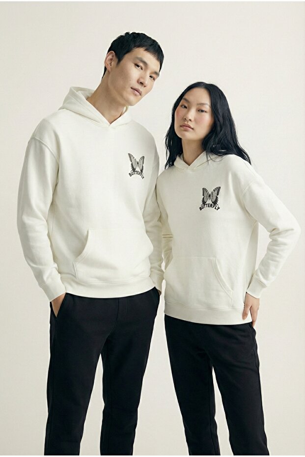 Unisex Oversize Butterfly Printed Premium Hooded Sweatshirt White