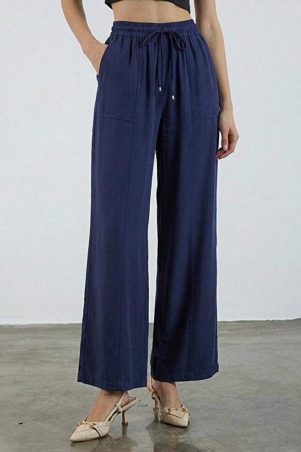 Lacivert Beli Lastikli Wide Leg/Geniş Paça Viskon Pantolon TWOSS25PL00123 - 1