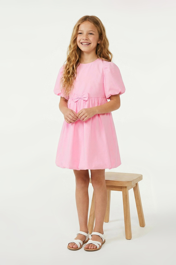 Pembe Fiyonk Detaylı Kız Çocuk Kısa / Mini Düz Dokuma Elbise TKDSS26EL00004 - 1