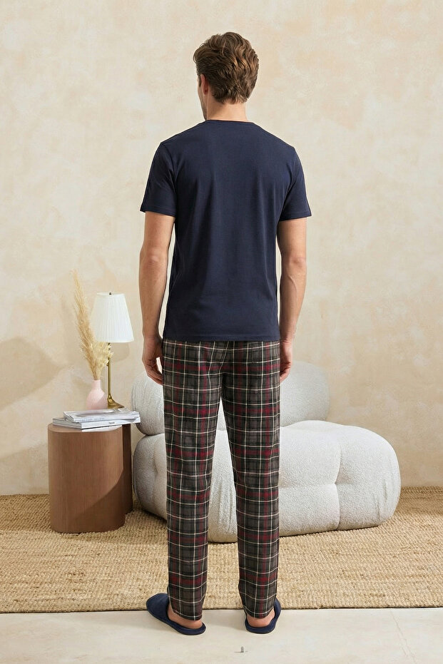 Lacivert Regular Kesim Köpek Balığı Baskılı Ekose Örme Pijama Takımı TMNSS26PT00035 - 3