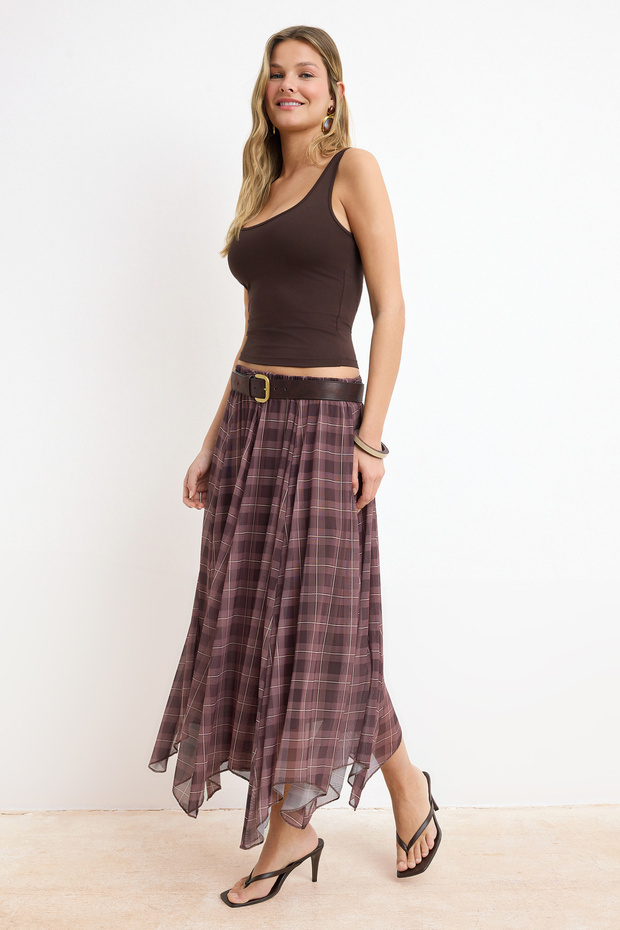 Çok Renkli Ekose Skater Normal Bel Midi Tül Örme Etek TWOSS26ET00151