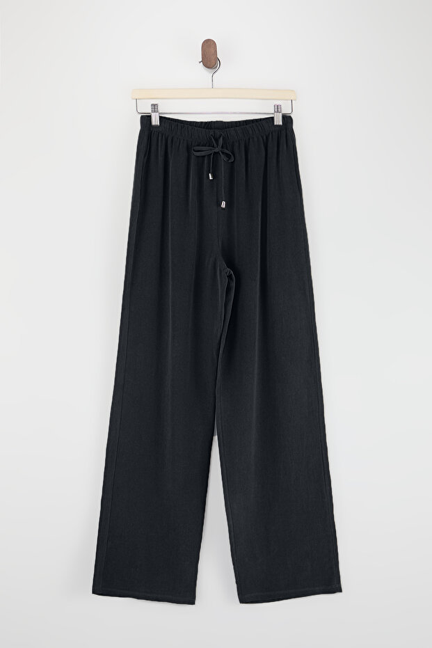 Siyah Keten Karışımlı Geniş Paça Tencel Pantolon TDRSS26PL00008 - 4