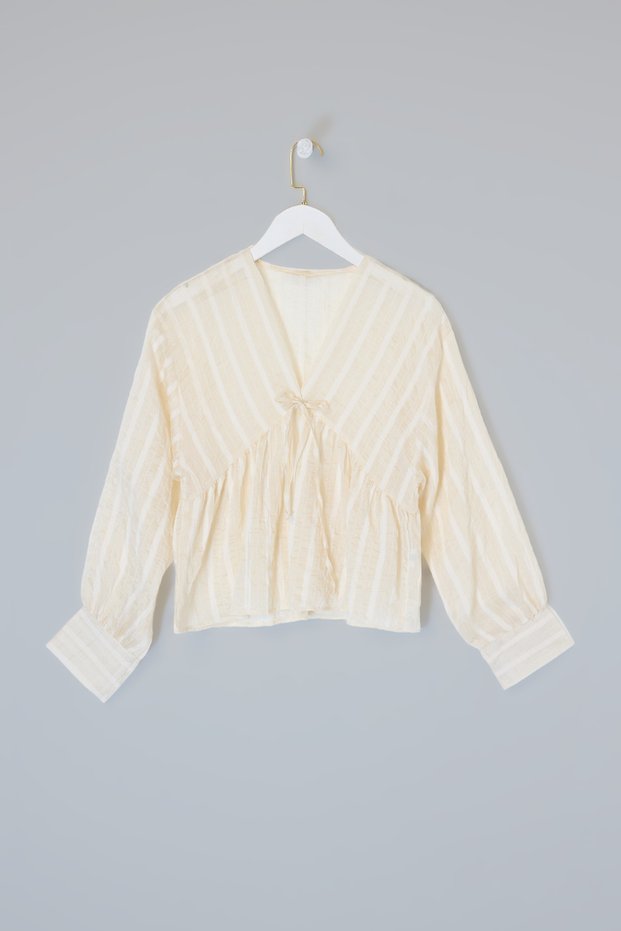Krem Keten Karışımlı V Yaka Uzun Kollu Tencel Bluz TDRSS26BZ00018