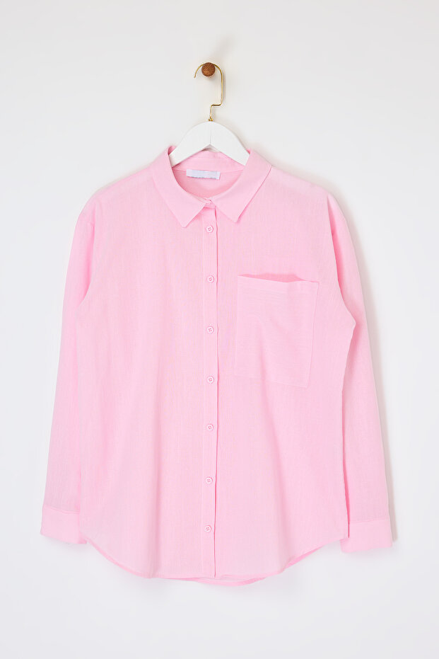 Pembe Tek Cepli Flamlı Pamuk Gömlek TDRSS26GO00004 - 5