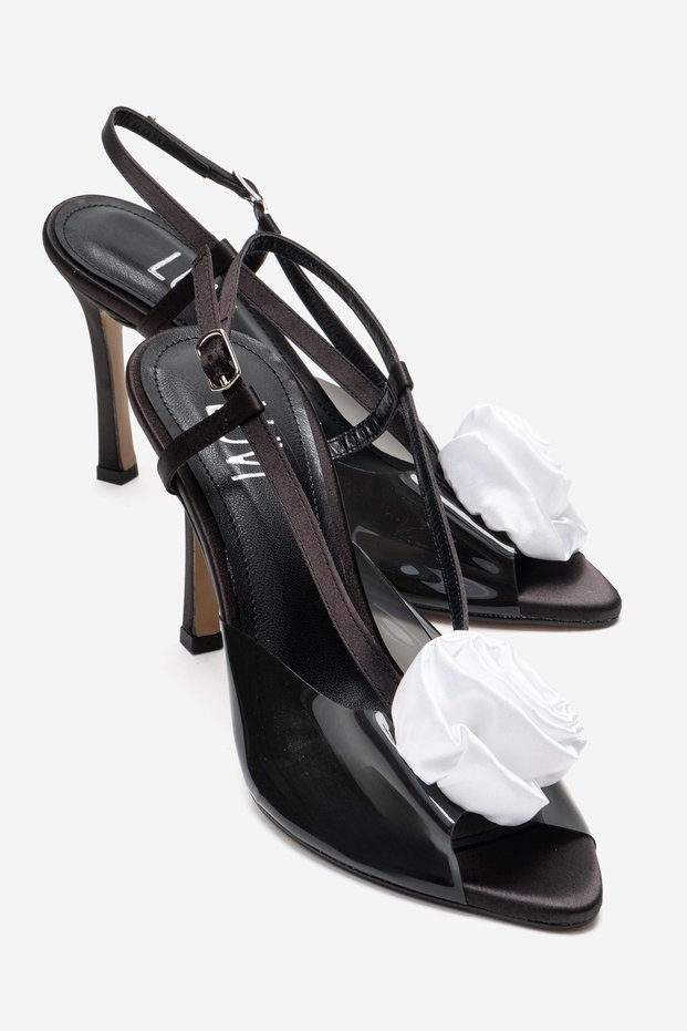 Aisne Black Satin White Floral Transparent Women's Thin Heeled Shoes