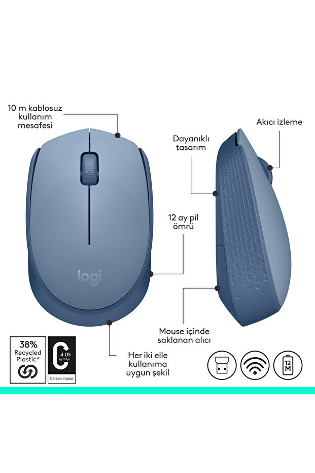 M171 USB Alıcılı Kablosuz Kompakt Mouse Açık Mavi 910-006866 - 9