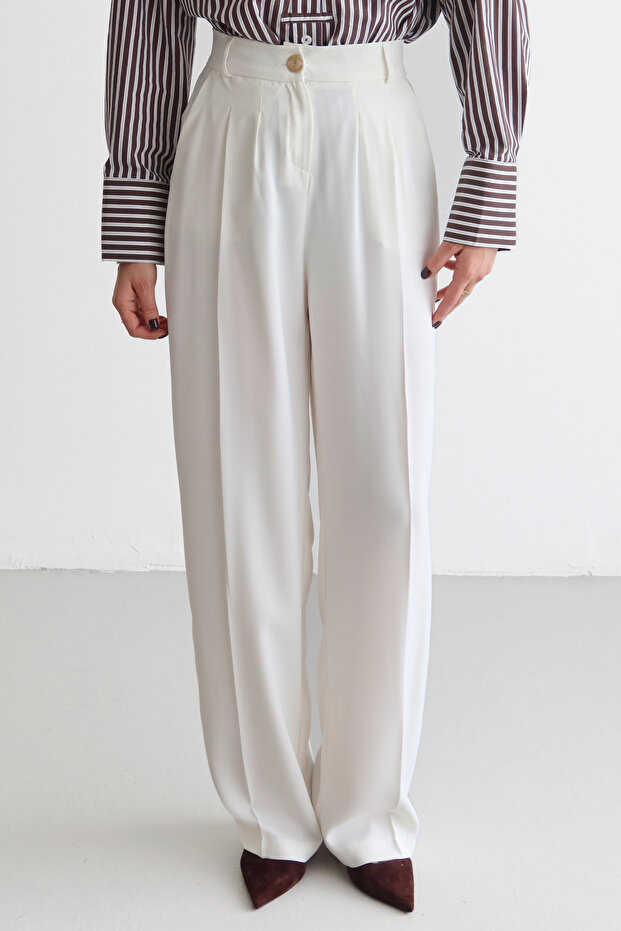 Beyaz Yüksel Bel Geniş Paça Dokuma Pantolon TWOAW26PL00161 - 2