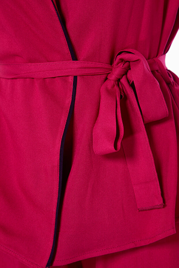 Bordo Kuşaklı Biye Detaylı Kruvaze Viskon Dokuma Pijama Takımı THMAW22PT1109 - 9