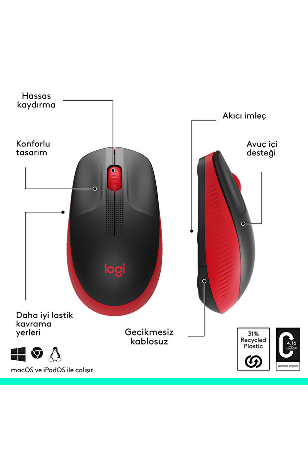 M191 Büyük Boy USB Alıcılı 1000 DPI Kablosuz Mouse, Kırmızı 910-005910 - 7