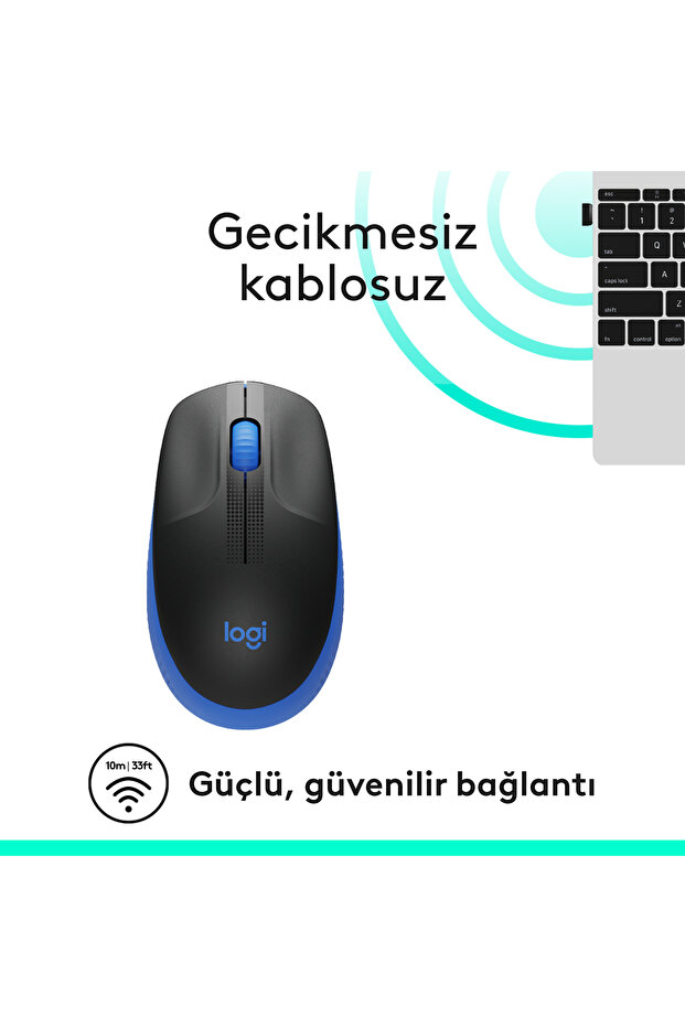 M191 Büyük Boy USB Alıcılı 1000 DPI Kablosuz Mouse, Mavi 910-005909 - 4