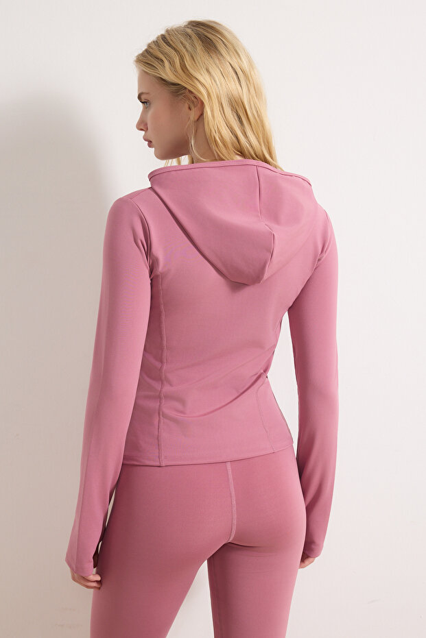 Pembe Soft Fırçalı Kumaş Kapüşonlu ve Reflektör Baskılı Örme Spor Ceket THMAW26SK00000 - 5