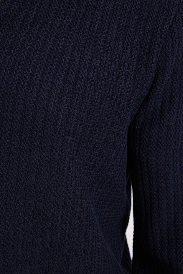 Erkek Slim Fit Dar Kesim Dik Yaka Fermuarlı Desenli Lacivert Triko Kazak - 4