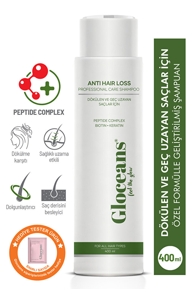 gloceans feel the glow Peptide Complex & Keratin Saç Dökülmesine Karşı Sağlıklı Saç Uzatan Onarıcı Besleyici Şampuan