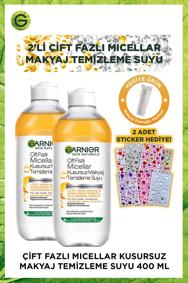 Garnier 2'li Çift Fazlı Micellar Makyaj Temizleme Suyu 400ML + Sticker + Makyaj Temizleme Pamuğu