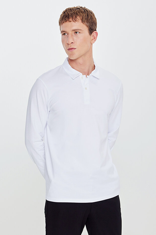 Men's White Cotton Slim Fit Slim Fit Polo Neck Long Sleeve Stretchy T-Shirt