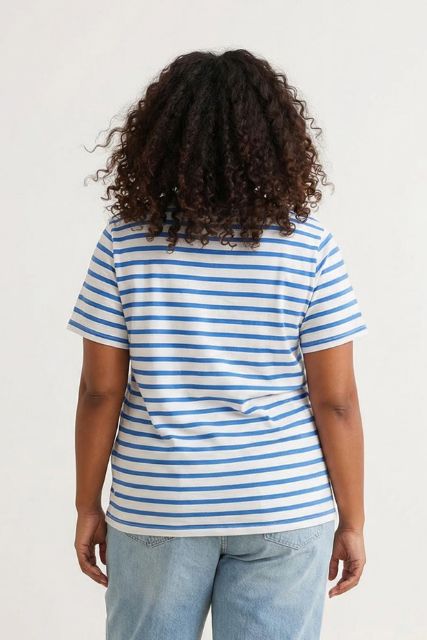 Beyaz-Mavi Çizgili Kayık Yaka Örme T-shirt TBBSS23BF00018 - 3
