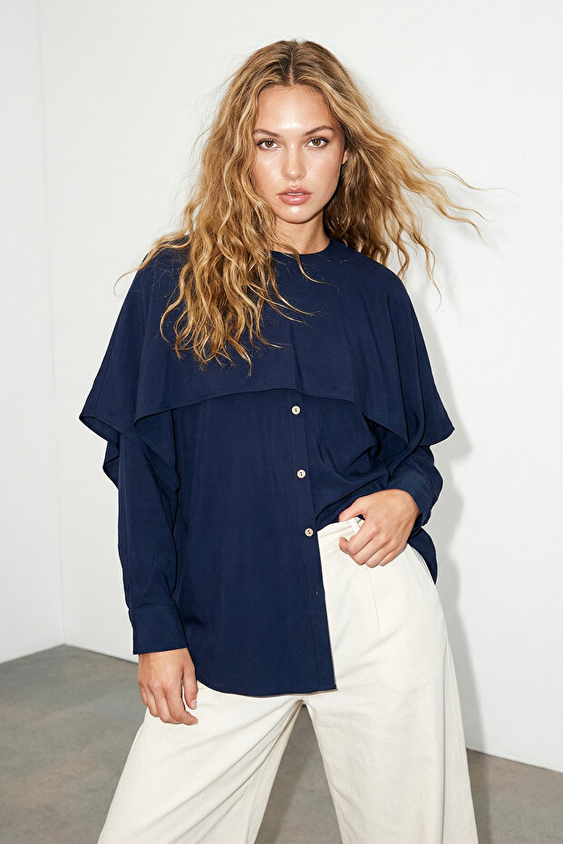 Navy Blue Cape Detailed Modal Shirt Tdrss26Go00009