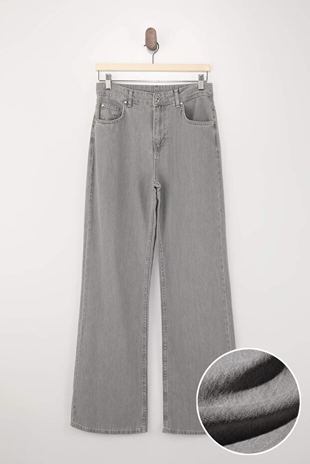 Gri DÖKÜMLÜ Yüksek Bel MEVSİMLİK %100 Pamuk Uzun Boy Wide Leg Jeans TWOSS26JE00127 - 6