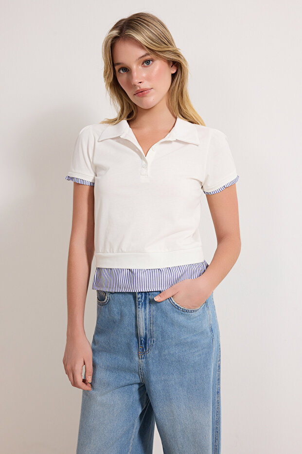 Ekru Regular/Normal Kalıp Polo Yaka Dokuma Detaylı Tok %100 Pamuk Örme Bluz TWOSS26BZ00263 - 1