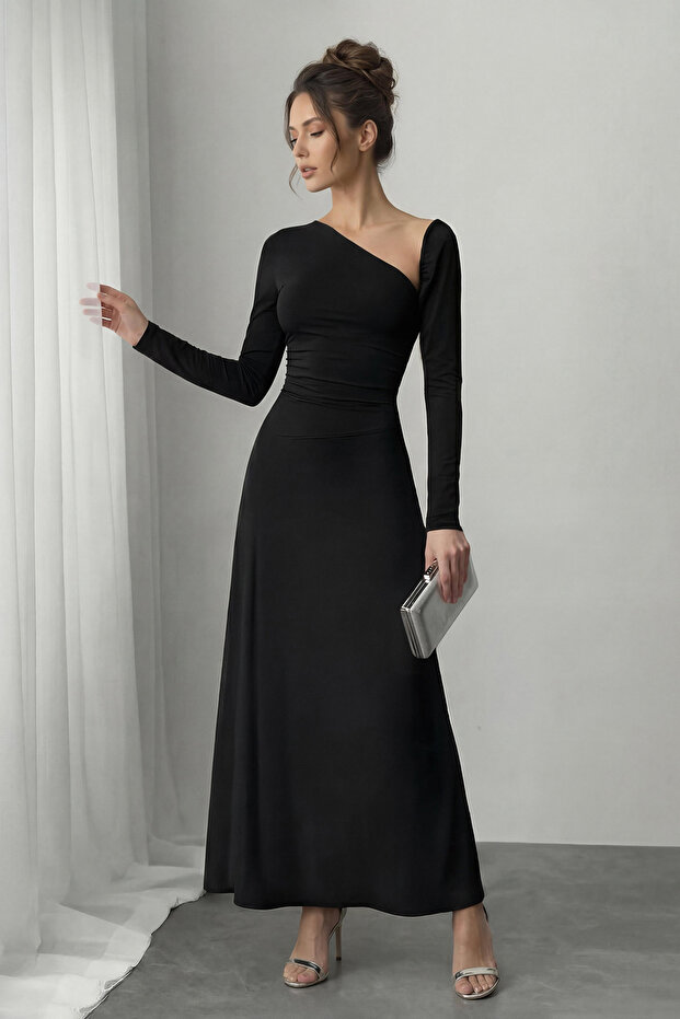 Black Knitted Maxi Evening & Graduation Dress TPRAW26AE00019