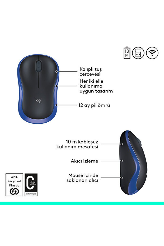 M185 USB Alıcılı Kompakt Kablosuz Mouse, Mavi 910-002236 - 7