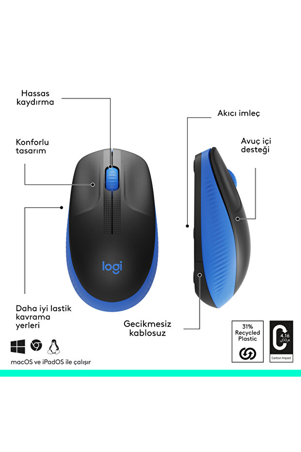 M191 Büyük Boy USB Alıcılı 1000 DPI Kablosuz Mouse, Mavi 910-005909 - 7