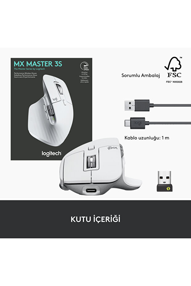MX Master 3S Performans 8000 DPI Optik Sensörlü Sessiz Kablosuz Mouse, Beyaz 910-006560 - 11