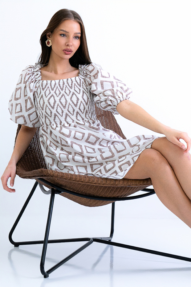 Brown Square Neck Watermelon Sleeve Front Gipeli Lined Inside Linen Mini Dress Alc-X15186