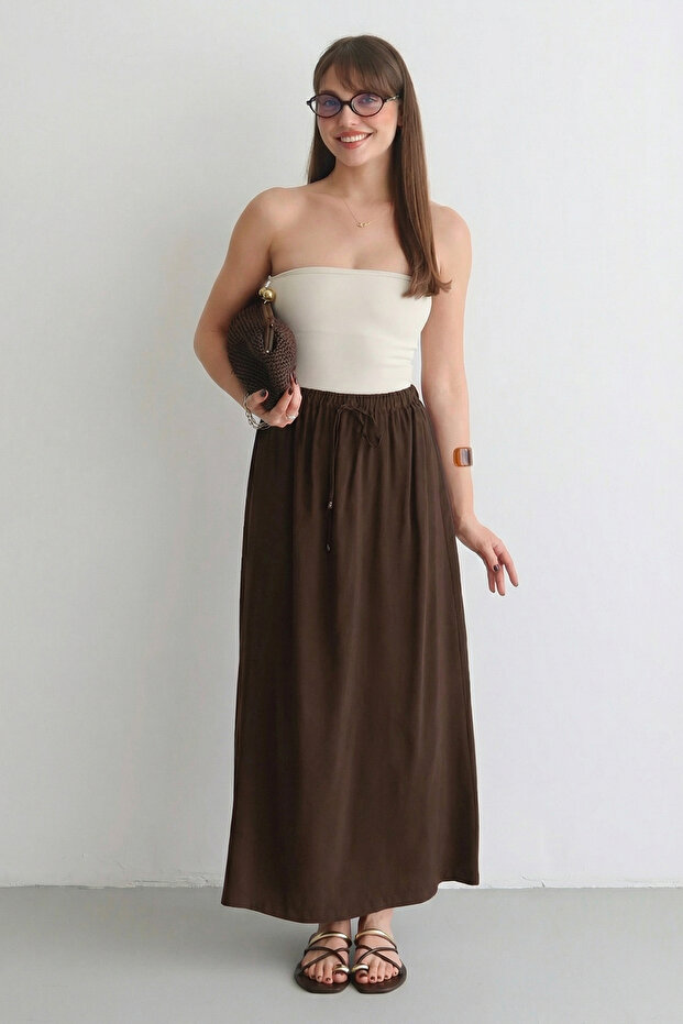 Koyu Kahverengi Modal Beli Lastikli Uzun Maxi Etek TWOSS26ET00082 - 1