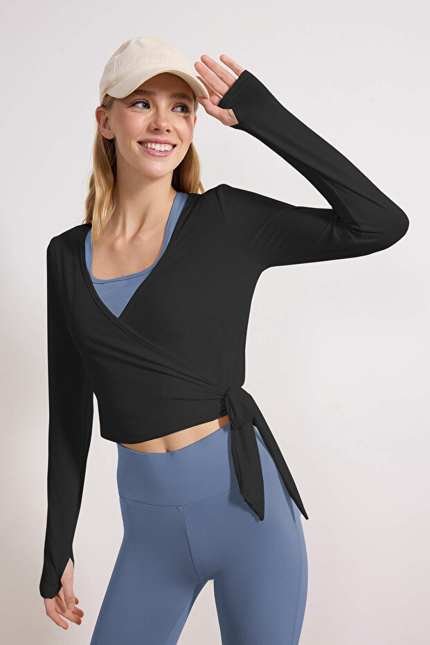 Siyah Micro Bağlamalı Kruvaze Crop Örme Spor Bluz/Bolero THMSS26BZ00002 - 1