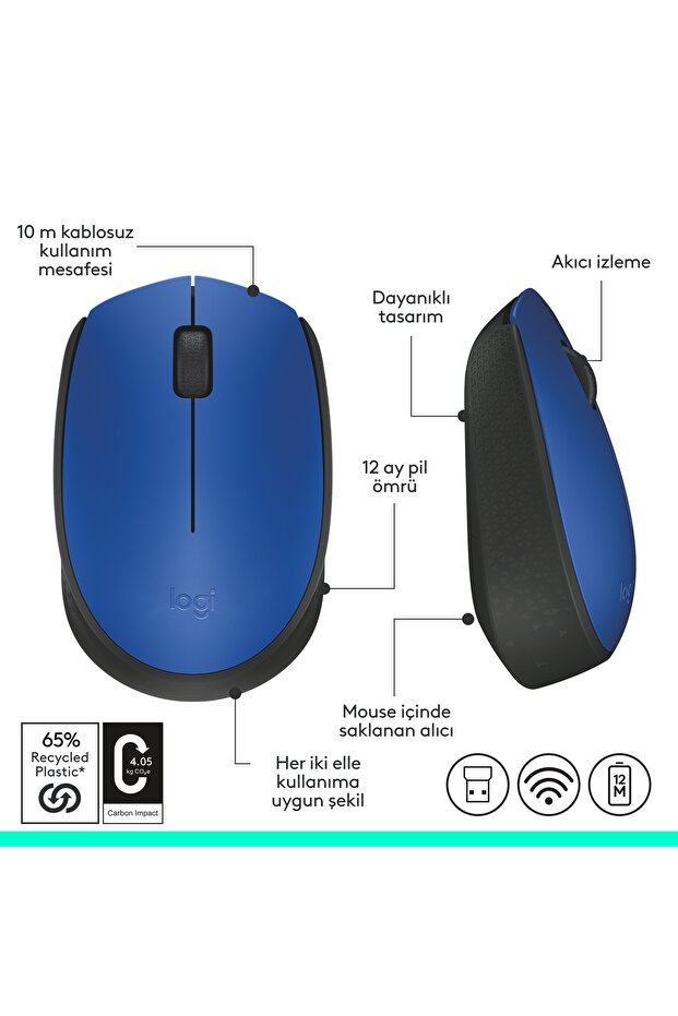 ماوس كمبيوتر USB لاسلكي مدمج M171 باللون الأزرق 910- 004640 - 8