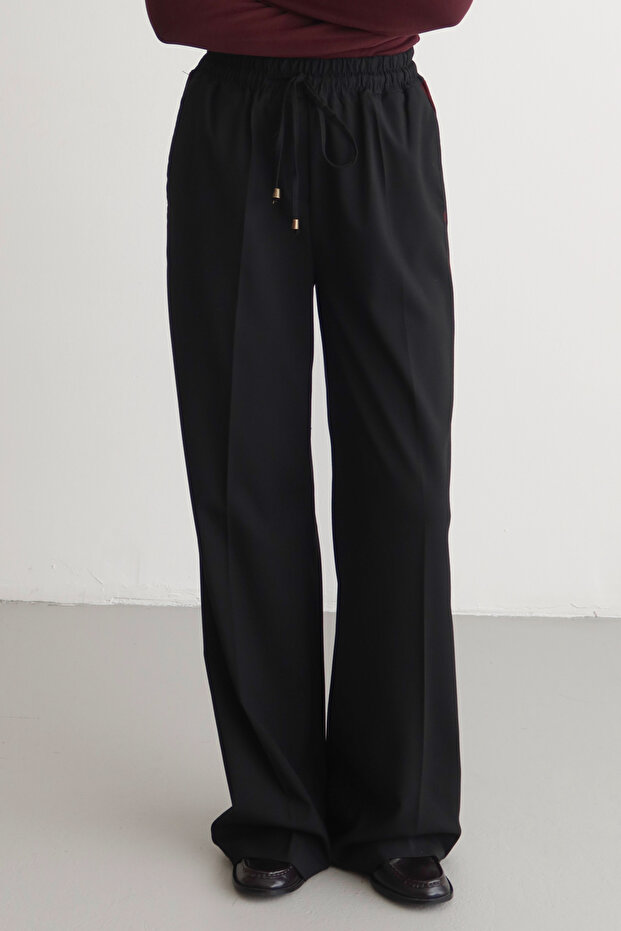 Siyah Bordo Çizgili Beli Lastikli Wideleg/Geniş Paça Dokuma Pantolon TWOAW26PL00174 - 4