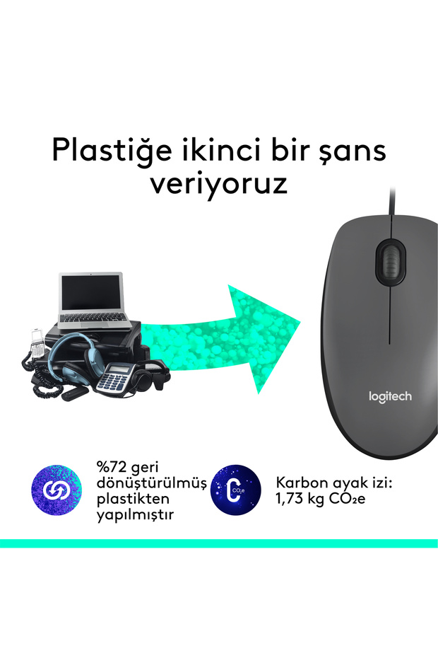 M100 Kablolu 1000 DPI USB Mouse, Siyah 910-006652 - 6