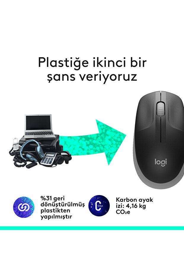 M190 Büyük Boy USB Alıcılı 1000 DPI Kablosuz Mouse, Açık Gri 910-005906 - 5