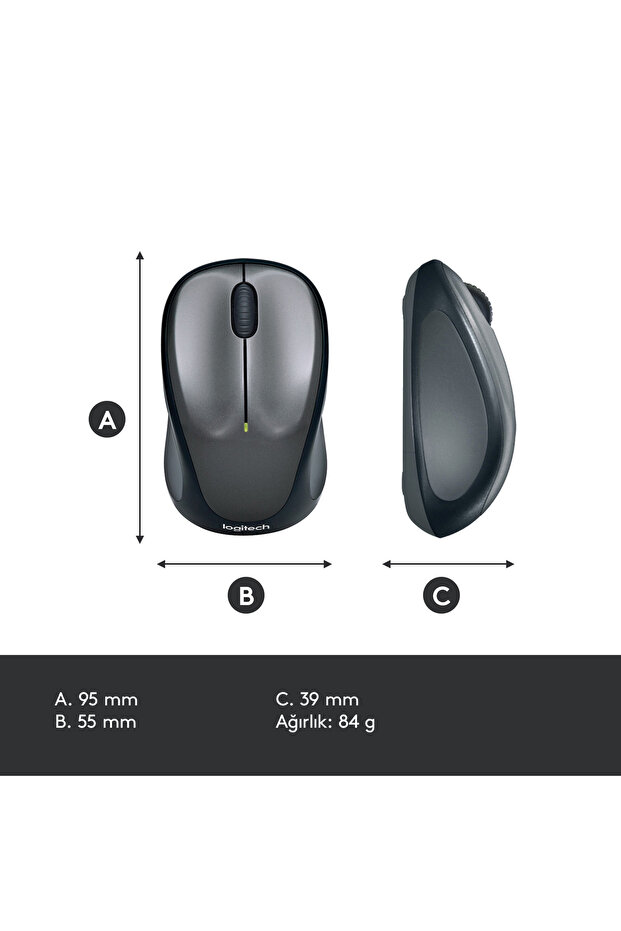 M235 800 DPI 3 Tuş Optik Kablosuz Mouse, Gri 910-002201 - 8